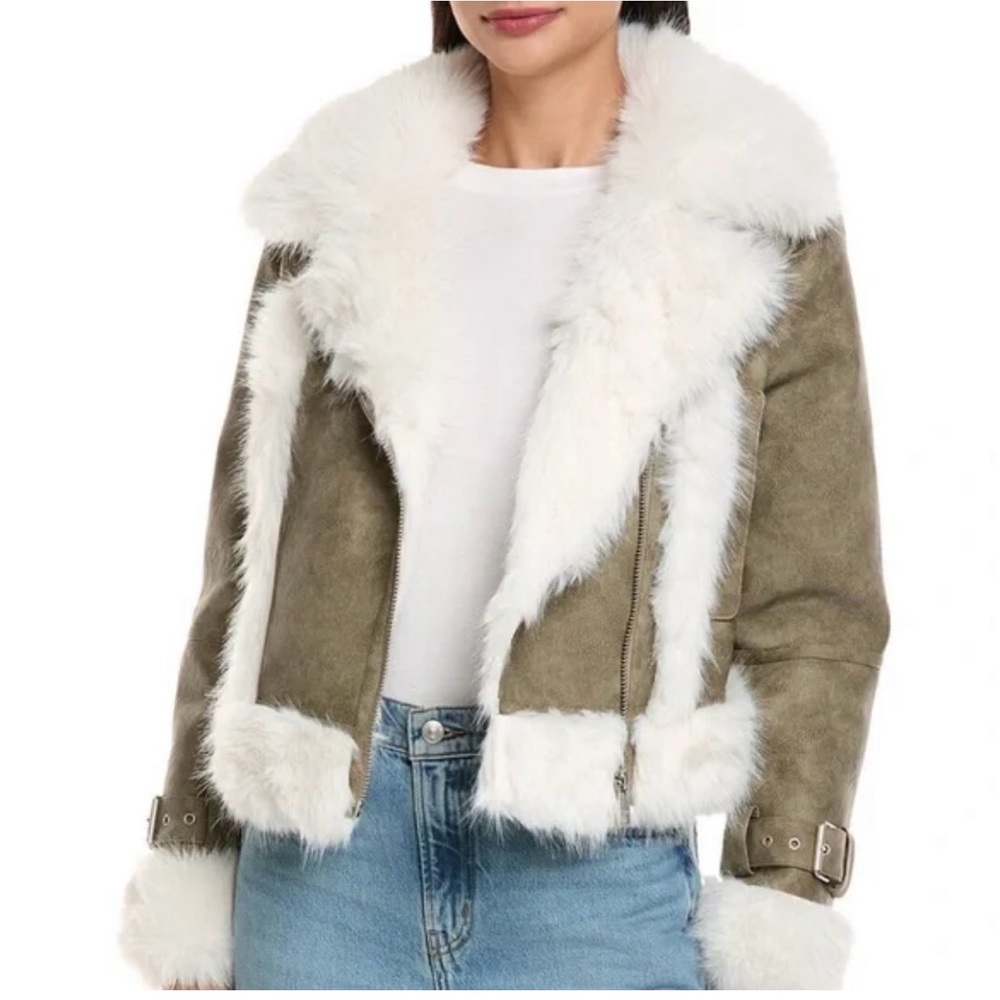 Apparis Sage and Blanc Jay Distressed by Faux Fur Bomber Jacket